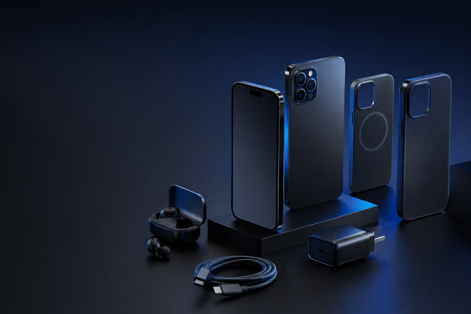 智能手机、保护壳、充电器、数据线和耳机等手机周边配件展示